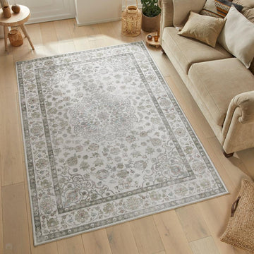 Washable Liberty LIB209 Traditional Distressed Floral Medallion Border Easy-Care Soft Smooth Velvet Touch Polyester Short Pile Flatweave Ivory/Sage/Muted Grey/Blush/Powder Blue/Beige Rug-Concept Looms-Rug Love - The Most Loved Rug Store