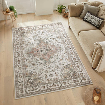 Washable Liberty LIB210 Traditional Distressed Floral Medallion Border Easy-Care Soft Smooth Velvet Touch Polyester Short Pile Flatweave Ivory/Rust/Charcoal/Faded Gold/Sage/Beige Rug-Concept Looms-Rug Love - The Most Loved Rug Store