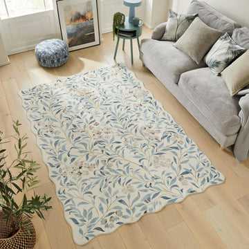 Washable Liberty LIB301 Modern Traditional Floral Botanical Scallop Border Easy-Care Soft Smooth Velvet Touch Polyester Short Pile Flatweave Ivory/Sky Blue/Denim/Taupe/Stone Grey/Soft Gold Rug-Concept Looms-Rug Love - The Most Loved Rug Store