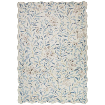 Washable Liberty LIB301 Modern Traditional Floral Botanical Scallop Border Easy-Care Soft Smooth Velvet Touch Polyester Short Pile Flatweave Ivory/Sky Blue/Denim/Taupe/Stone Grey/Soft Gold Rug-Concept Looms-Rug Love - The Most Loved Rug Store