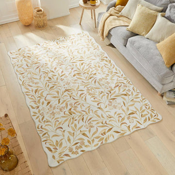 Washable Liberty LIB302 Modern Traditional Floral Botanical Scallop Border Easy-Care Soft Smooth Velvet Touch Polyester Short Pile Flatweave Ivory/Golden Beige/Soft Taupe/Pale Peach/Muted Ochre/Warm Sand Rug-Concept Looms-Rug Love - The Most Loved Rug Store