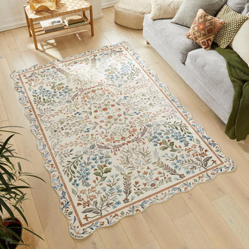 Washable Liberty LIB303 Modern Traditional Floral Botanical Scallop Border Easy-Care Soft Smooth Velvet Touch Polyester Short Pile Flatweave Cream/Terra/Olive/Sky/Pale Pink/Rust Brown/Ochre/Muted Lilac Rug-Concept Looms-Rug Love - The Most Loved Rug Store