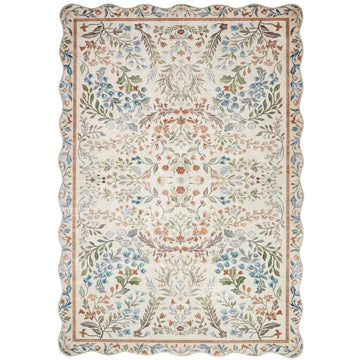 Washable Liberty LIB303 Modern Traditional Floral Botanical Scallop Border Easy-Care Soft Smooth Velvet Touch Polyester Short Pile Flatweave Cream/Terra/Olive/Sky/Pale Pink/Rust Brown/Ochre/Muted Lilac Rug-Concept Looms-Rug Love - The Most Loved Rug Store