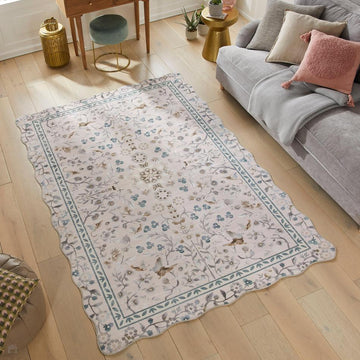Washable Liberty LIB305 Modern Traditional Floral Botanical Scallop Border Easy-Care Soft Smooth Velvet Touch Polyester Short Pile Flatweave Dusty Pink/Pale Blush/Powder Blue/ Soft Taupe/Pearl White/Muted Sage/Grey Rug-Concept Looms-Rug Love - The Most Loved Rug Store