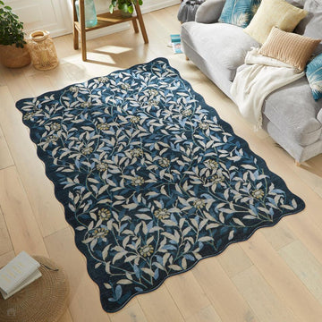 Washable Liberty LIB306 Modern Traditional Floral Botanical Scallop Border Easy-Care Soft Smooth Velvet Touch Polyester Short Pile Flatweave Navy/Ivory/Sky/Slate Blue/Pale Yellow/Light Taupe Rug-Concept Looms-Rug Love - The Most Loved Rug Store