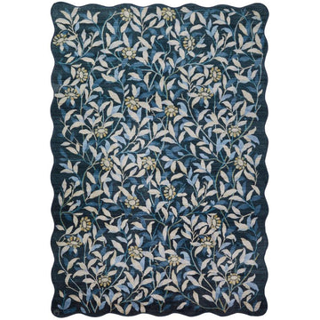 Washable Liberty LIB306 Modern Traditional Floral Botanical Scallop Border Easy-Care Soft Smooth Velvet Touch Polyester Short Pile Flatweave Navy/Ivory/Sky/Slate Blue/Pale Yellow/Light Taupe Rug-Concept Looms-Rug Love - The Most Loved Rug Store