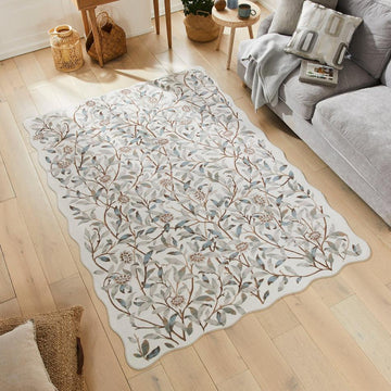 Washable Liberty LIB307 Modern Traditional Floral Botanical Scallop Border Easy-Care Soft Smooth Velvet Touch Polyester Short Pile Flatweave Ivory/Quarry Blue/Taupe/Soft Grey/Brown/Muted Green Rug-Concept Looms-Rug Love - The Most Loved Rug Store