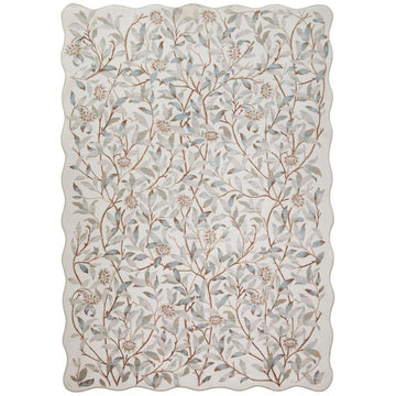 Washable Liberty LIB307 Modern Traditional Floral Botanical Scallop Border Easy-Care Soft Smooth Velvet Touch Polyester Short Pile Flatweave Ivory/Quarry Blue/Taupe/Soft Grey/Brown/Muted Green Rug-Concept Looms-Rug Love - The Most Loved Rug Store