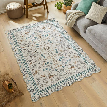 Washable Liberty LIB308 Modern Traditional Floral Botanical Scallop Border Easy-Care Soft Smooth Velvet Touch Polyester Short Pile Flatweave Ivory/Taupe/Teal/Stone Grey/Warm Beige/Charcoal/Soft Blue Grey Rug-Concept Looms-Rug Love - The Most Loved Rug Store