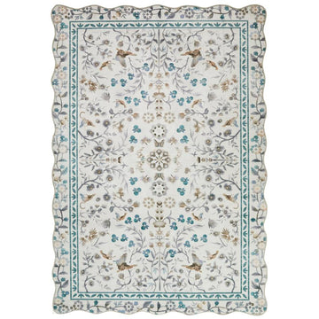 Washable Liberty LIB308 Modern Traditional Floral Botanical Scallop Border Easy-Care Soft Smooth Velvet Touch Polyester Short Pile Flatweave Ivory/Taupe/Teal/Stone Grey/Warm Beige/Charcoal/Soft Blue Grey Rug-Concept Looms-Rug Love - The Most Loved Rug Store