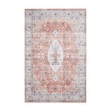 Washable Tabriz H1156 Traditional Vintage Distressed Medallion Border Textured Lightweight Printed Polyester Flatweave Terracotta Rug