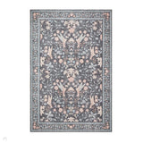 Washable Versailles H1423 Traditional Floral Border Distressed Soft Digitally Printed Lightweight Textured Polyester Flatweave Deep Dark Charcoal Blue/Steel Blue/Soft Blush Pink/Pale Peach Rug
