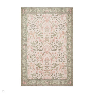 Washable Versailles H1423 Traditional Floral Border Distressed Soft Digitally Printed Lightweight Textured Polyester Flatweave Light Beige/Sage Green/Warm Rose Rug-Think Rugs-Rug Love - The Most Loved Rug Store