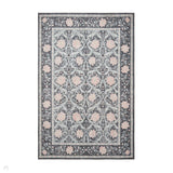 Washable Versailles H1424 Traditional Floral Border Distressed Soft Digitally Printed Lightweight Textured Polyester Flatweave Deep Dark Charcoal Blue/Slate Grey-Blue/Soft Blush Pink Rug