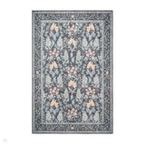 Washable Versailles H1425 Traditional Floral Border Distressed Soft Digitally Printed Lightweight Textured Polyester Flatweave Deep Dark Navy Blue Rug
