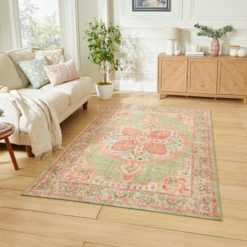 Washable Zahra S0063 Traditional Vintage Distressed Medallion Border Soft Textured Digitally Printed Lightweight Textured Polyester Flatweave Sage Green/Coral Pink/Blush/Ivory/Yellow/Teal Rug-Think Rugs-Rug Love - The Most Loved Rug Store