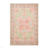 Washable Zahra S0063 Traditional Vintage Distressed Medallion Border Soft Textured Digitally Printed Lightweight Textured Polyester Flatweave Sage Green/Coral Pink/Blush/Ivory/Yellow/Teal Rug