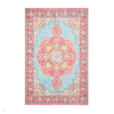 Washable Zahra S0063 Traditional Vintage Distressed Medallion Border Soft Textured Digitally Printed Lightweight Textured Polyester Flatweave Turquoise Blue/Deep Red/Coral Pink/Ochre/Cream Rug