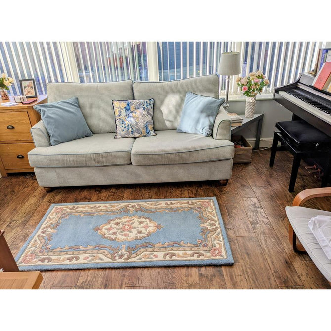 Shensi Traditional Floral Aubusson Medallion Border French-Style Hand-Carved Hi-Low Textured Soft Durable Wool  Powder Blue Rug