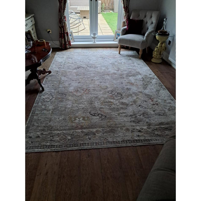 Jasper JA03 Traditional Vintage Distressed Shimmer Floral Heirloom Border Soft-Touch Polyester Low Profile Short Pile Taupe/Grey Rug