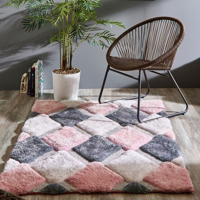 3D GEO Plush Geometric Diamond Hand-Carved Hi-Low Soft Shaggy Blush Pink/Grey/Cream Rug-Origins-Rug Love - The Most Loved Rug Store