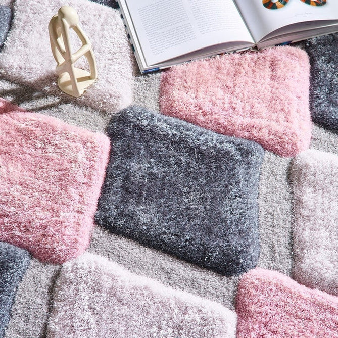 3D GEO Plush Geometric Diamond Hand-Carved Hi-Low Soft Shaggy Blush Pink/Grey/Cream Rug-Origins-Rug Love - The Most Loved Rug Store