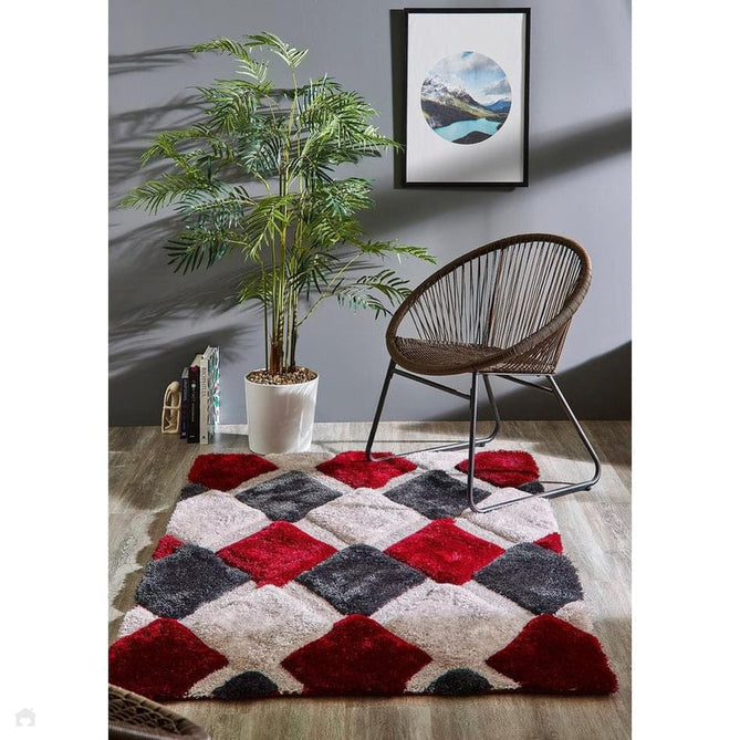3D GEO Plush Geometric Diamond Hand-Carved Hi-Low Soft Shaggy Red/Grey/Cream Rug-Origins-Rug Love - The Most Loved Rug Store