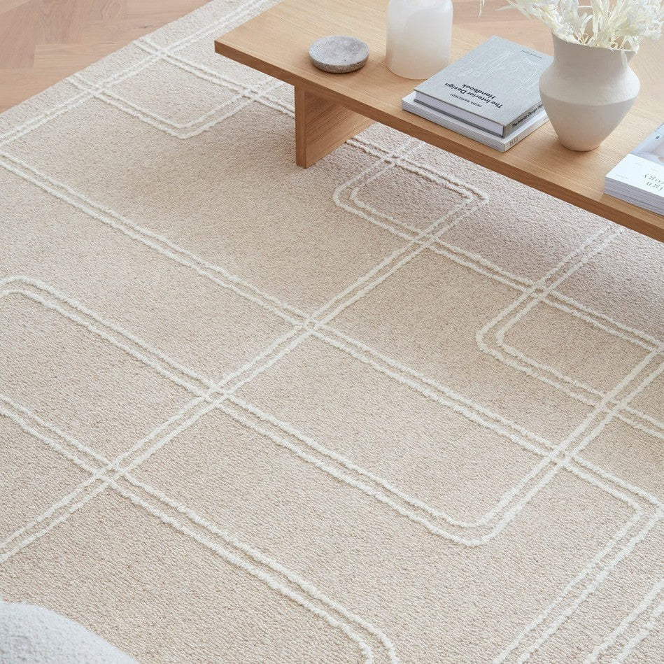 Sand Geometric Rug On Sale Ada Modern Plain Geometric Ivory Hi-Low Loop Linear Path Hand ...
