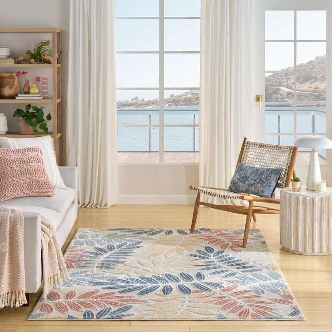 Aloha ALH18 Modern Botanical Floral Durable Stain-Resistant Weatherproof Flatweave In-Outdoor Ivory/Blue Rug-Nourison-Rug Love - The Most Loved Rug Store