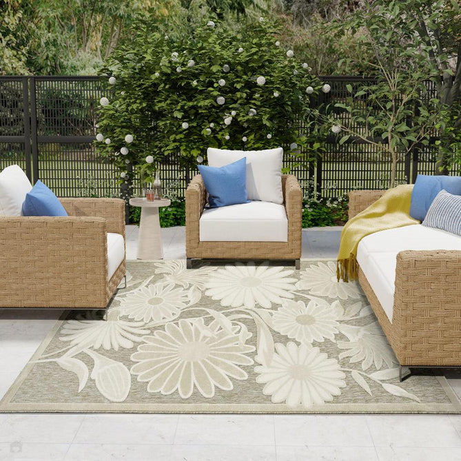 Aloha ALH33 Modern Botanical Floral Durable Stain-Resistant Weatherproof Flatweave In-Outdoor Ivory/Sage Rug-Nourison-Rug Love - The Most Loved Rug Store