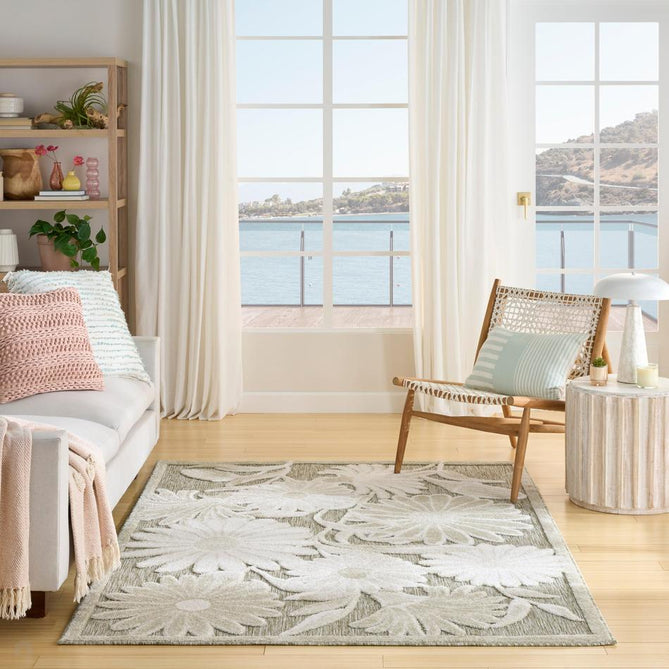 Aloha ALH33 Modern Botanical Floral Durable Stain-Resistant Weatherproof Flatweave In-Outdoor Ivory/Sage Rug-Nourison-Rug Love - The Most Loved Rug Store
