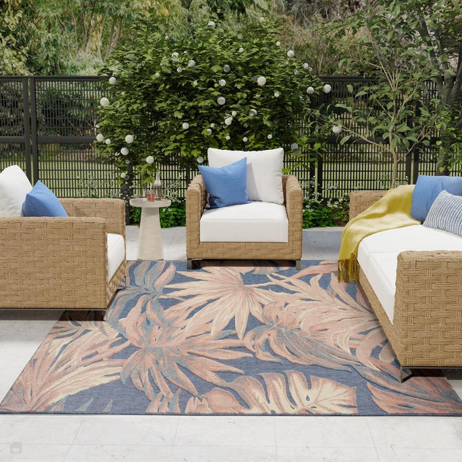 Aloha ALH43 Modern Botanical Floral Durable Stain-Resistant Weatherproof Flatweave In-Outdoor Blue/Rose Rug-Nourison-Rug Love - The Most Loved Rug Store