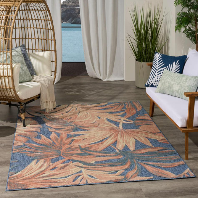 Aloha ALH43 Modern Botanical Floral Durable Stain-Resistant Weatherproof Flatweave In-Outdoor Blue/Rose Rug-Nourison-Rug Love - The Most Loved Rug Store