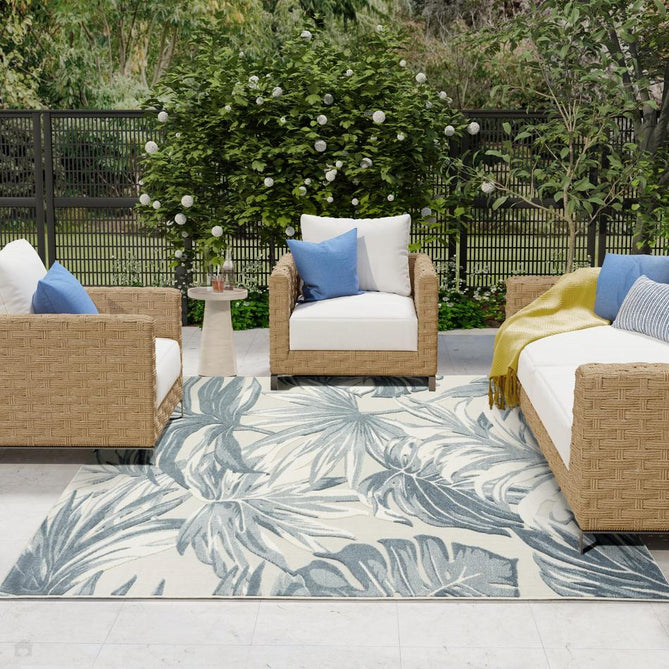 Aloha ALH43 Modern Botanical Floral Durable Stain-Resistant Weatherproof Flatweave In-Outdoor Ivory/Blue Rug-Nourison-Rug Love - The Most Loved Rug Store