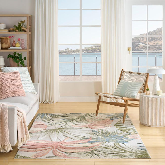 Aloha ALH43 Modern Botanical Floral Durable Stain-Resistant Weatherproof Flatweave In-Outdoor Ivory/Green Rug-Nourison-Rug Love - The Most Loved Rug Store