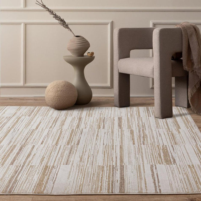 Anders AN08 Modern Abstract Linear Stripe Block Distressed Space-Dyed Shimmer Soft Raised Textured Low Profile Short Pile Polyblend Ivory/Beige/Golden Sand/Taupe Rug-Asiatic Carpets-Rug Love - The Most Loved Rug Store