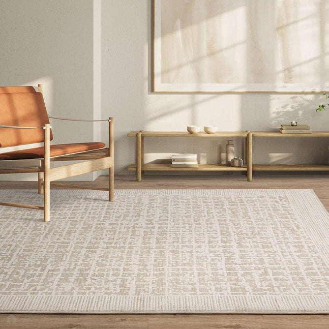 Anders AN10 Modern Criss-Cross Grid Border Distressed Space-Dyed Shimmer Soft Raised Textured Low Profile Short Pile Polyblend Beige/Ivory/Stone Rug-Asiatic Carpets-Rug Love - The Most Loved Rug Store
