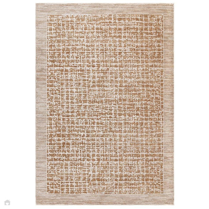 Anders AN11 Modern Criss-Cross Grid Border Distressed Space-Dyed Shimmer Soft Raised Textured Low Profile Short Pile Polyblend Warm Beige Tan/Cream/Taupe/Golden Tan/Mocha Rug 240 x 320 cm