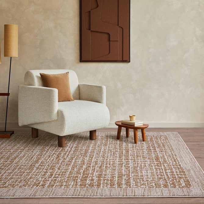 Anders AN11 Modern Criss-Cross Grid Border Distressed Space-Dyed Shimmer Soft Raised Textured Low Profile Short Pile Polyblend Warm Beige Tan/Cream/Taupe/Golden Tan/Mocha Rug-Asiatic Carpets-Rug Love - The Most Loved Rug Store