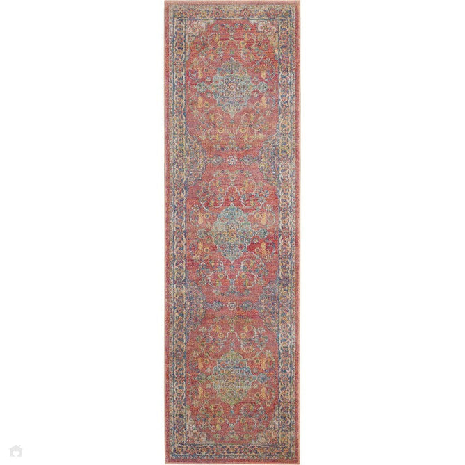 Ankara Global ANR01 Traditional Persian Vintage Distressed Shimmer Floral Medallion Border Textured Carved Durable Low Short Pile Multicolour Runner 071 x 244 cm-Shop Returns-Rug Love - The Most Loved Rug Store