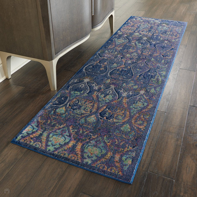 Ankara Global ANR08 Traditional Persian Vintage Distressed Shimmer Floral Ornate Textured Carved Durable Low Short Pile Navy/Multicolour Runner-Nourison-Rug Love - The Most Loved Rug Store