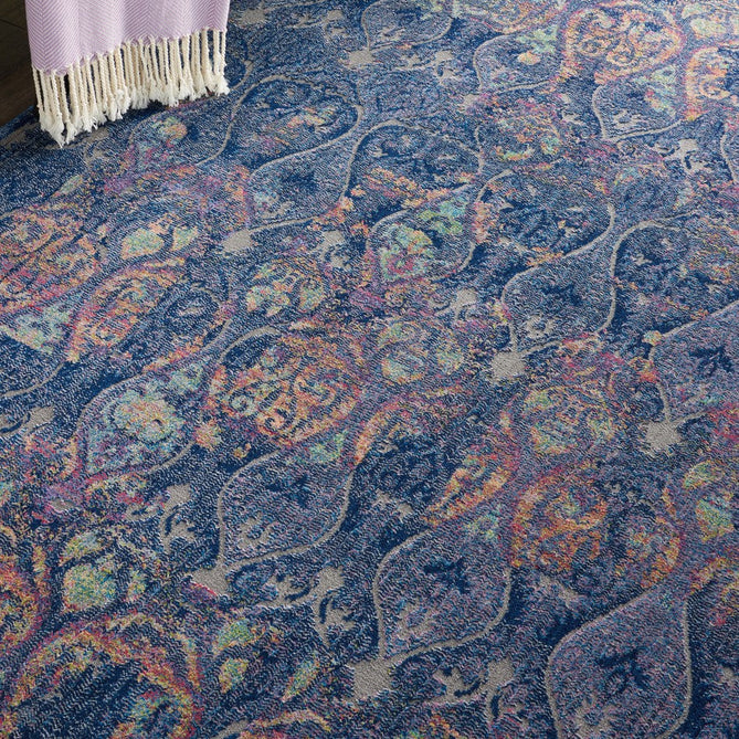 Ankara Global ANR08 Traditional Persian Vintage Distressed Shimmer Floral Ornate Textured Carved Durable Low Short Pile Navy/Multicolour Runner-Nourison-Rug Love - The Most Loved Rug Store