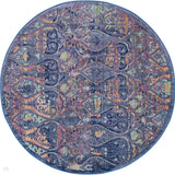Ankara Global ANR08 Traditional Persian Vintage Distressed Shimmer Floral Ornate Textured Carved Low Flat-Pile Navy/Multicolour Round Rug