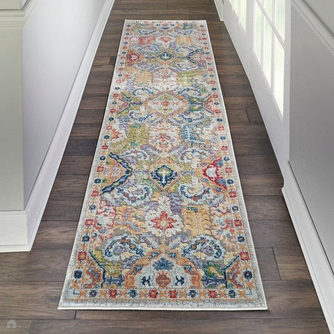 Ankara Global ANR12 Traditional Persian Vintage Distressed Shimmer Floral Ornate Border Textured Carved Durable Low Short Pile Grey/Multicolour Runner-Nourison-Rug Love - The Most Loved Rug Store