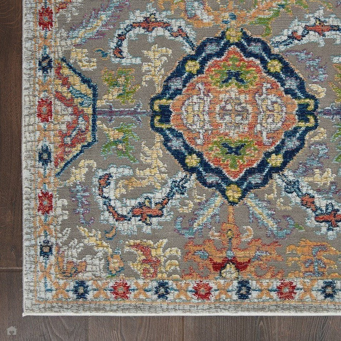 Ankara Global ANR12 Traditional Persian Vintage Distressed Shimmer Floral Ornate Border Textured Carved Durable Low Short Pile Grey/Multicolour Runner-Nourison-Rug Love - The Most Loved Rug Store