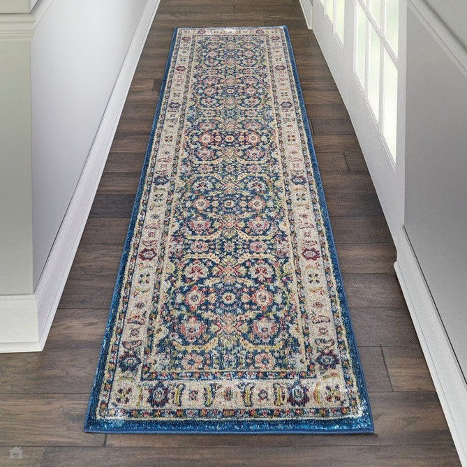Ankara Global ANR13 Traditional Persian Vintage Distressed Shimmer Floral Ornate Border Textured Carved Durable Low Short Pile Navy/Multicolour Runner-Nourison-Rug Love - The Most Loved Rug Store