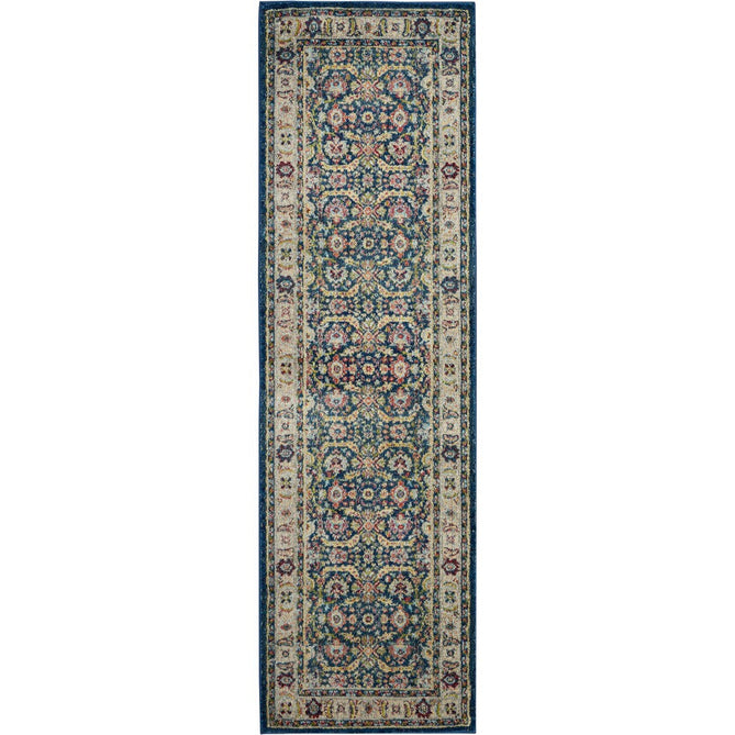 Ankara Global ANR13 Traditional Persian Vintage Distressed Shimmer Floral Ornate Border Textured Carved Durable Low Short Pile Navy/Multicolour Runner-Nourison-Rug Love - The Most Loved Rug Store