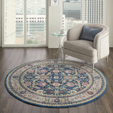 Ankara Global ANR13 Traditional Persian Vintage Distressed Shimmer Floral Ornate Border Textured Carved Low Flat-Pile Navy/Multicolour Round Rug