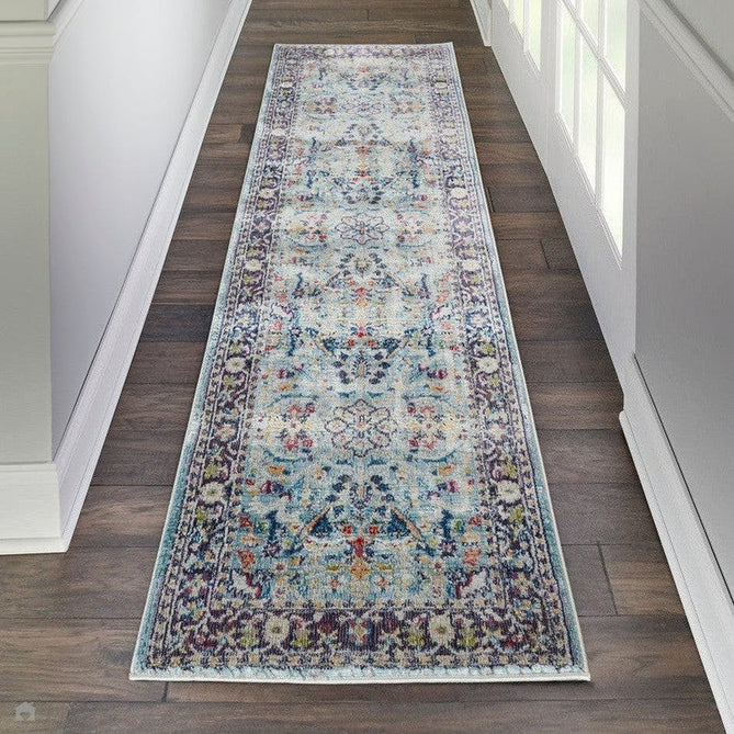 Ankara Global ANR14 Traditional Persian Vintage Distressed Shimmer Floral Medallion Border Textured Carved Durable Low Short Pile Teal/Multicolour Runner-Nourison-Rug Love - The Most Loved Rug Store