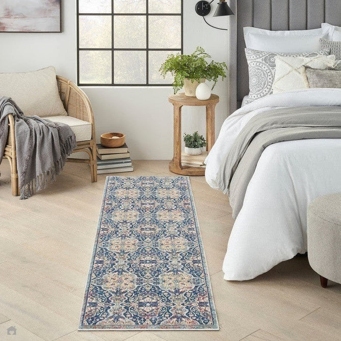 Ankara Global ANR16 Traditional Persian Vintage Distressed Shimmer Floral Ornate Border Textured Carved Durable Low Short Pile Navy/Multicolour Runner-Nourison-Rug Love - The Most Loved Rug Store